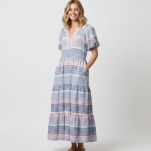 THML bright multicolor Striped Cotton Maxi Dress Pink Blue puff sleeves pockets